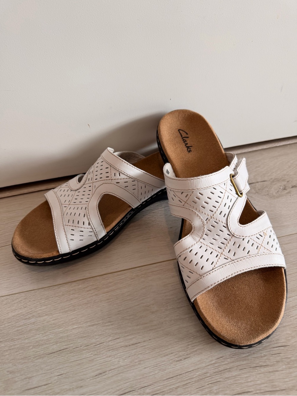 Clarks White Perforated Slip-On Buckle Mules